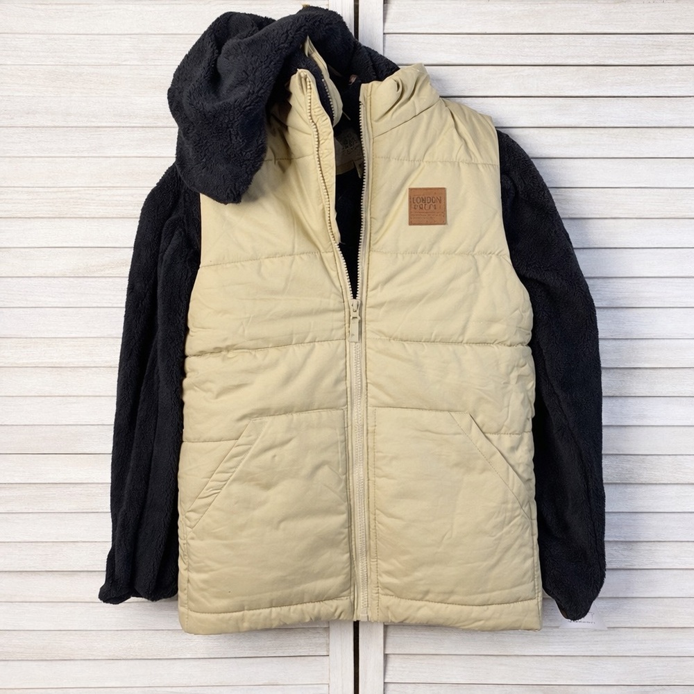 London Fog Kids 2-in-1 Beige Puffer Vest Black Jacket Boys Large NWT Winter Coat